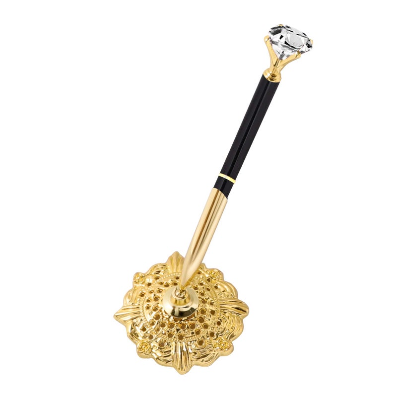 RUTICH Hollow Round Pen Holder Signing Pen Set with Big Diamond Crystal Pen for Wedding Bridal Opening Ceremony Graduation Office, Golden Holder with Black Pen(Black Ink) - Image 1